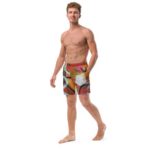 Load image into Gallery viewer, Men's beach trunks left front close-up - Circles in the Sand artistic geometric design detail