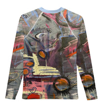Load image into Gallery viewer, Youth Girls LIght BLue Rash Guard Swim Shirt with Abstract print “Crazy Town” Sleeves Whimsy Fit Mix and Match Matching Mom