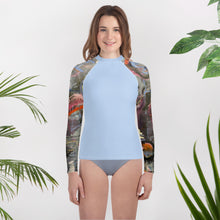 Load image into Gallery viewer, Youth Girls LIght BLue Rash Guard Swim Shirt with Abstract print “Crazy Town” Sleeves Whimsy Fit Mix and Match Matching Mom
