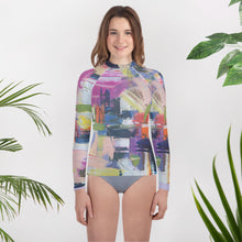 Load image into Gallery viewer, Kids Abstract Print Rash Guard “Kris Kros” Whimsy Fit - UPF 50+ Long Sleeve Swim Shirt