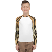 Load image into Gallery viewer, Kids Rash Guard Tiger Print Whimsy Fit UPF 50+ Long Sleeve Swim Shirt
