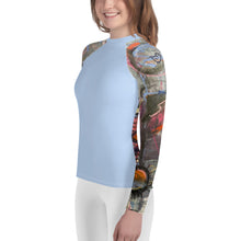 Load image into Gallery viewer, Youth Girls LIght BLue Rash Guard Swim Shirt with Abstract print “Crazy Town” Sleeves Whimsy Fit Mix and Match Matching Mom