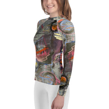 Load image into Gallery viewer, Youth Girls Rash Guard Swim Shirt Abstract print “Crazy Town” Sleeves Whimsy Fit Mix and Match Matching Mom