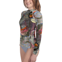 Load image into Gallery viewer, Youth Girls Rash Guard Swim Shirt Abstract print “Crazy Town” Sleeves Whimsy Fit Mix and Match Matching Mom