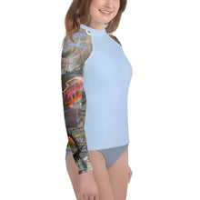Load image into Gallery viewer, Youth Girls LIght BLue Rash Guard Swim Shirt with Abstract print “Crazy Town” Sleeves Whimsy Fit Mix and Match Matching Mom