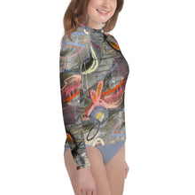 Load image into Gallery viewer, Youth Girls Rash Guard Swim Shirt Abstract print “Crazy Town” Sleeves Whimsy Fit Mix and Match Matching Mom