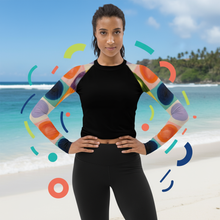 Load image into Gallery viewer, Black Rash Guard Circles Sleeves Marketing Photo