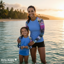 Load image into Gallery viewer, Women's Blue Rash Guard “Kris Kros” Arms Abstract Print Rash Guard Whimsy Fit - UPF 50+ Long Sleeve Swim Shirt Matching Mother Daughter
