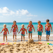 Load image into Gallery viewer, Kids Orange Red Abstract Print Rash Guards Whimsy FIt Mix and Match “Circles in the Sand” Matching Mom