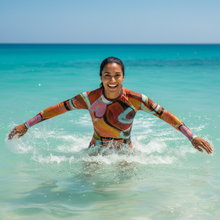 Load image into Gallery viewer, Circles in the Sand Rash Guard Marketing Photo