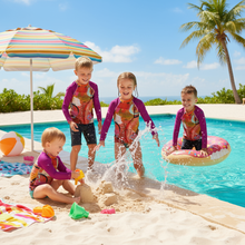 Load image into Gallery viewer, Circles in the Sand with Purple Arms Kids Rash Guard Marketing Photo