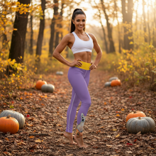 Load image into Gallery viewer, "Pumpkins" Yoga Leggings with Chihuahua Whimsy Fit Dog Print Leggings Matching Mother Daughter Female model in autumn setting