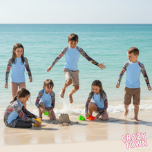 Load image into Gallery viewer, Youth Girls LIght BLue Rash Guard Swim Shirt with Abstract print “Crazy Town” Sleeves Whimsy Fit Mix and Match Matching Mom