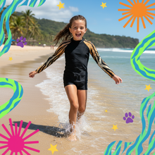 Load image into Gallery viewer, Kids Rash Guard Tiger Print Whimsy Fit UPF 50+ Long Sleeve Swim Shirt