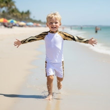Load image into Gallery viewer, Kids Rash Guard Tiger Print Whimsy Fit UPF 50+ Long Sleeve Swim Shirt