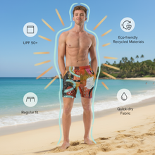 Load image into Gallery viewer, "Quick-dry men's beach shorts with Circles in the Sand abstract pattern - UPF 50+ sun protection promotional image"