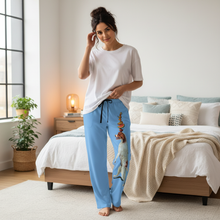 Load image into Gallery viewer, Whimsical Dog on Womens Blue Pajamas Whimsy FIt Model in bedroom setting