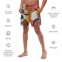 Load image into Gallery viewer, Men's UPF 50+ swim trunks left front detail shot - Circles in the Sand abstract artwork pattern