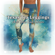 Load image into Gallery viewer, Texas Tea Leggings Whimsy FIt Blue White Gold Abstract Print Leggings