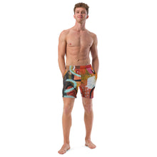Load image into Gallery viewer, "Recycled fabric men's swim trunks white background front view - Circles in the Sand all-over print"
