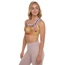 Load image into Gallery viewer, Purple and orange Bright Abstract Print "Splash" Padded Sports Bra - Whimsy Fit Girl from side angle