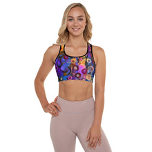 Load image into Gallery viewer, Bright abstract Purple and colorful "Breeze Bright" Padded Sports Bra - Whimsy Fit Girl from Front
