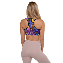 Load image into Gallery viewer, Bright abstract Purple and colorful "Breeze Bright" Padded Sports Bra - Whimsy Fit Girl from back