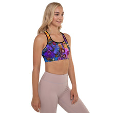 Load image into Gallery viewer, Bright abstract Purple and colorful "Breeze Bright" Padded Sports Bra - Whimsy Fit Girl from side
