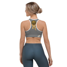 Load image into Gallery viewer, Grey Sports bra with "Poms & Frenchies" - Whimsy Fit Workout Wear