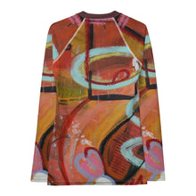 Load image into Gallery viewer, Women's Rash Guard “Circles in the Sand” Abstract Print Rash Guard Whimsy Fit - UPF 50+ Long Sleeve Swim Shirt Matching Mother Daughter