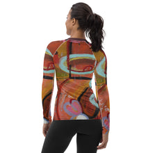 Load image into Gallery viewer, Women's Rash Guard “Circles in the Sand” Abstract Print Rash Guard Whimsy Fit - UPF 50+ Long Sleeve Swim Shirt Matching Mother Daughter
