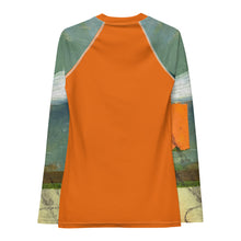 Load image into Gallery viewer, Whimsy Fit Orange Rash Guard with "Sink or Swim" Sleeves