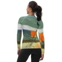Load image into Gallery viewer, Whimsy Fit Orange Rash Guard with "Sink or Swim" Sleeves