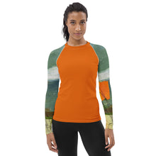 Load image into Gallery viewer, Whimsy Fit Orange Rash Guard with "Sink or Swim" Sleeves