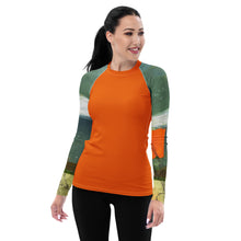 Load image into Gallery viewer, Whimsy Fit Orange Rash Guard with "Sink or Swim" Sleeves