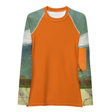 Load image into Gallery viewer, Whimsy Fit Orange Rash Guard with "Sink or Swim" Sleeves