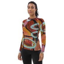 Load image into Gallery viewer, Women's Rash Guard “Circles in the Sand” Abstract Print Rash Guard Whimsy Fit - UPF 50+ Long Sleeve Swim Shirt Matching Mother Daughter