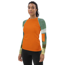 Load image into Gallery viewer, Whimsy Fit Orange Rash Guard with "Sink or Swim" Sleeves