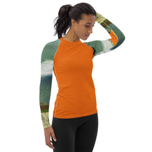 Load image into Gallery viewer, Whimsy Fit Orange Rash Guard with "Sink or Swim" Sleeves