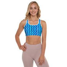 Load image into Gallery viewer, Blue Zig Zag Padded Sports Bra with Chow Chow - Whimsy Fit Workout Wear