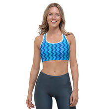 Load image into Gallery viewer, Blue Zig Zag Sports bra with Pomeranian - Whimsy Fit Workout Wear