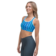 Load image into Gallery viewer, Blue Zig Zag Sports bra with Pomeranian - Whimsy Fit Workout Wear