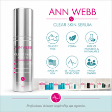 Load image into Gallery viewer, Ann Webb Clear Skin Serum in a sleek silver cylindrical bottle, shown next to a white promotional graphic with product features and spa-inspired branding.
