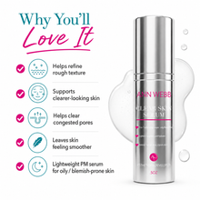 Load image into Gallery viewer, ANN WEBB Clear Skin Serum 5oz bottle on a white background with marketing text and icons highlighting skin benefits.
