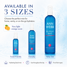 Load image into Gallery viewer, Three blue Ann Webb HA PLUS MIST bottles in different sizes on a light blue water-textured background, with text stating 'AVAILABLE IN 3 SIZES' and 'Very light orange scent.'.
