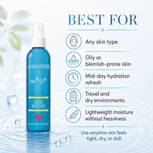 Load image into Gallery viewer, ANN WEBB Liquid Moisture spray bottle in blue with a white spray top, shown on a light blue background with water droplets and ripples. The right side features a 'BEST FOR' list with icons and text for oily/blemish-prone skin, mid-day hydration, travel, and dry environments.

