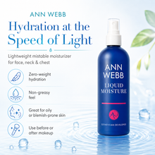 Load image into Gallery viewer, ANN WEBB Liquid Moisture spray bottle in a deep blue bottle with a white pump, set against a light blue water splash background with product features listed on the left.
