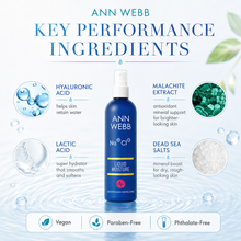 Load image into Gallery viewer, Ann Webb NaCl Liquid Moisture spray bottle centered on a light blue water-themed background with ingredient callouts for hyaluronic acid, malachite extract, lactic acid, and dead sea salts, plus vegan/paraben/phthalate-free badges at the bottom.
