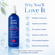 Load image into Gallery viewer, ANN WEBB Liquid Moisture bottle in a deep blue bottle with a white pump, shown on a light blue background with marketing text and icons explaining its benefits.
