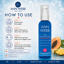 Load image into Gallery viewer, Ann Webb Mia+ Enzyme Peel 2 oz bottle on a light blue water-textured background with usage instructions on the left and sliced papaya and pineapple garnish on the right.
